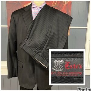 Estes Custom Suit Men 50L Long Wool Cuffed Pleated Pants 42x29 Tailored Black‎